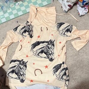 Peach Horse Print Hoodie with Horseshoe & Star Design